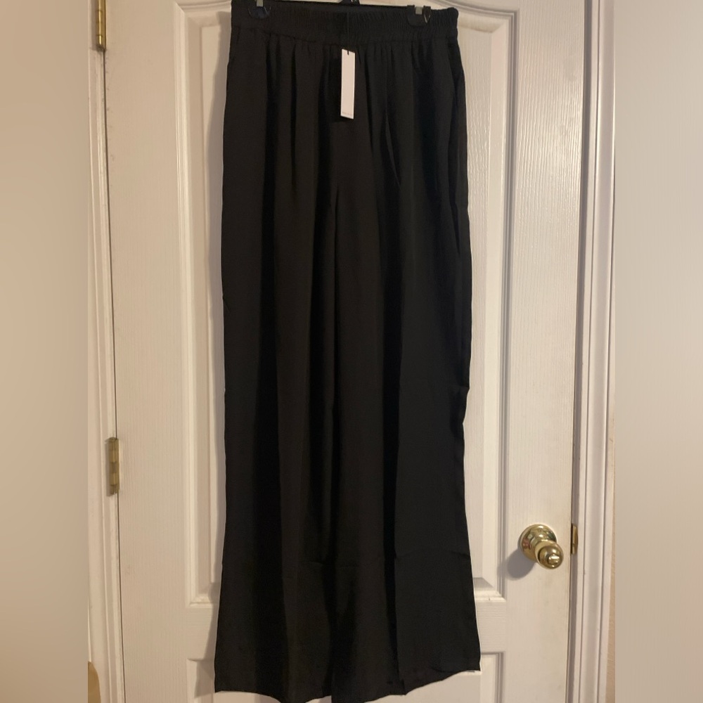 Three Eighty‎ Two Womens Black Wide Leg Elastic Waist Flowy Trousers Size L NWT